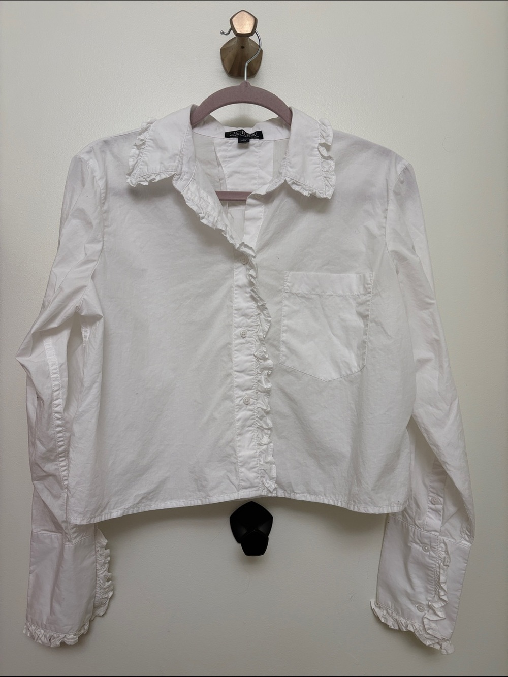 J Crew Regenerative Cotton White Button Down with Ruffled Sleeves and Collar